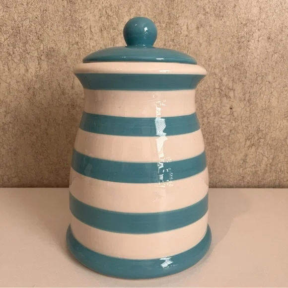 Grace’s Pantry Striped Ceramic Storage Cookie Jar with lid in Blue and White - Picture 1 of 10